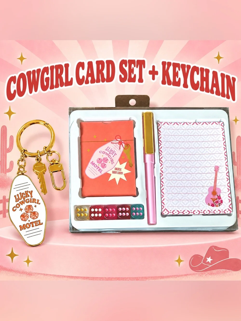 Western Lucky Cowgirl Keychain and Set with playing cards, dice, pen, pad.